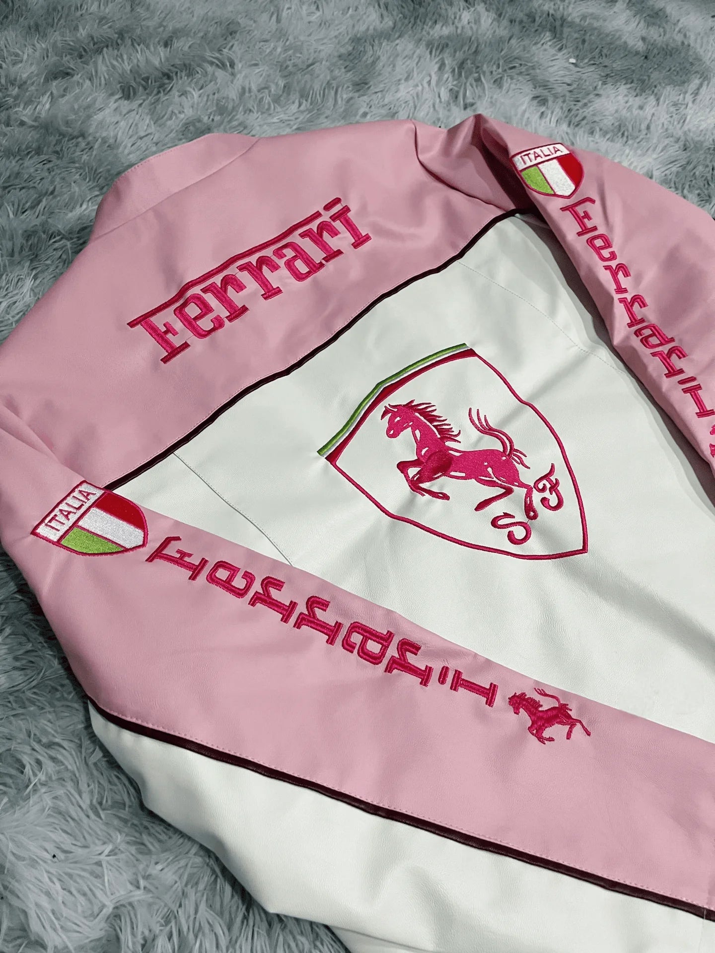 Dripmozo Pink & White Ferrari Inspired Racing Jacket | Luxury Leather Streetwear.