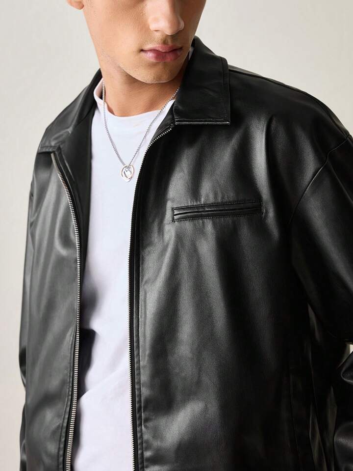 dripmozo Men’s Black Faux Leather Jacket – Classic Zip-Up Streetwear Style