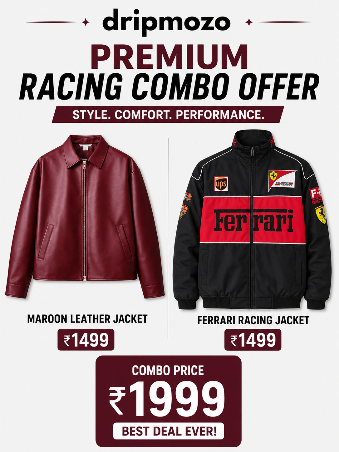 Premium Ferrari Racing Jacket + Maroon Leather Jacket Combo - Image 1