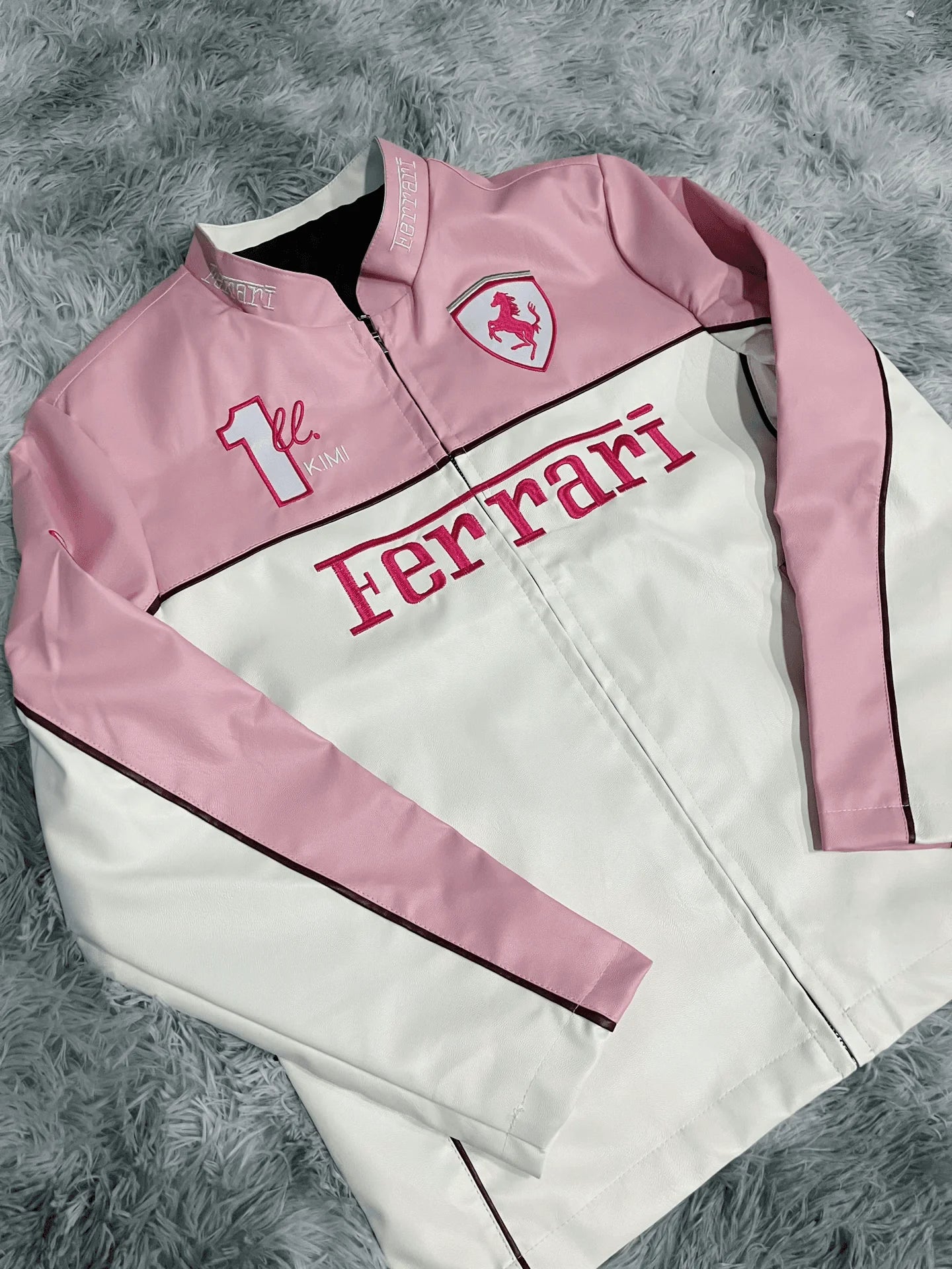 Dripmozo Pink & White Ferrari Inspired Racing Jacket | Luxury Leather Streetwear.