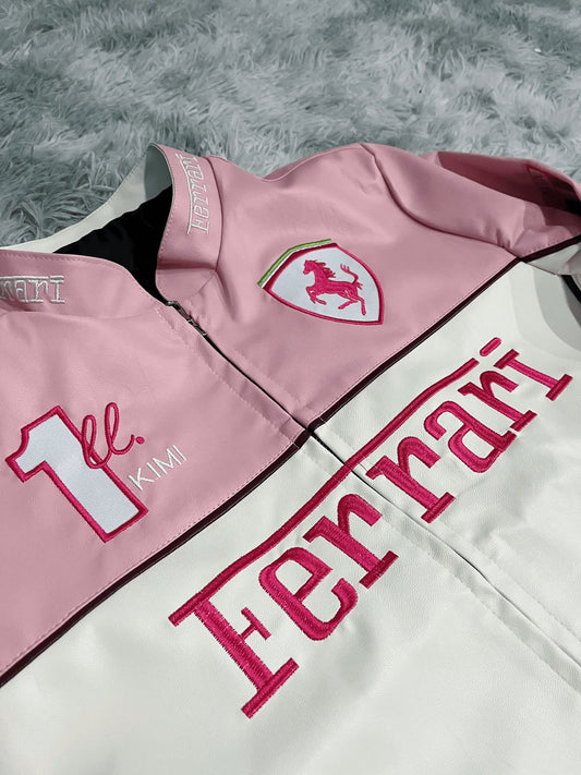 Dripmozo Pink & White Ferrari Inspired Racing Jacket | Luxury Leather Streetwear.