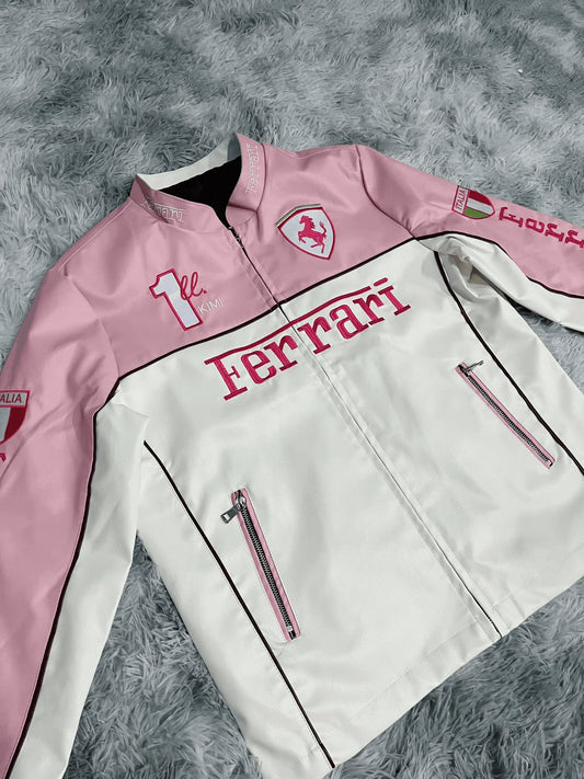Dripmozo Pink & White Ferrari Inspired Racing Jacket | Luxury Leather Streetwear.