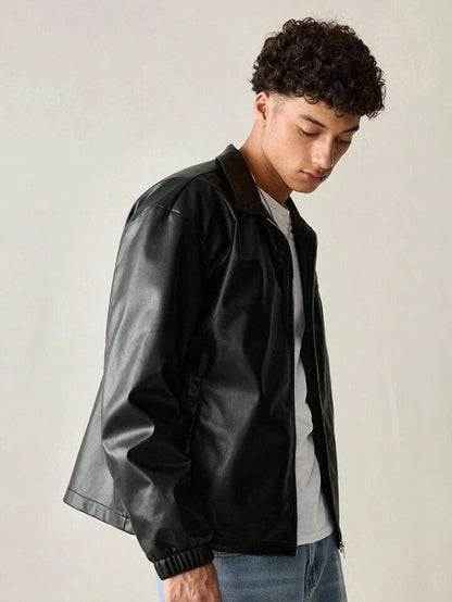 dripmozo Men’s Black Faux Leather Jacket – Classic Zip-Up Streetwear Style