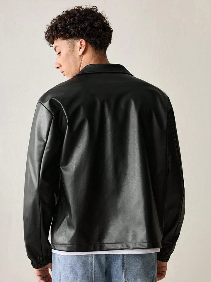 dripmozo Men’s Black Faux Leather Jacket – Classic Zip-Up Streetwear Style