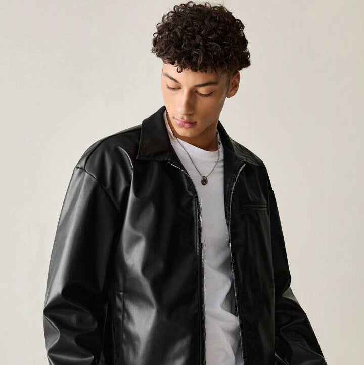 dripmozo Men’s Black Faux Leather Jacket – Classic Zip-Up Streetwear Style