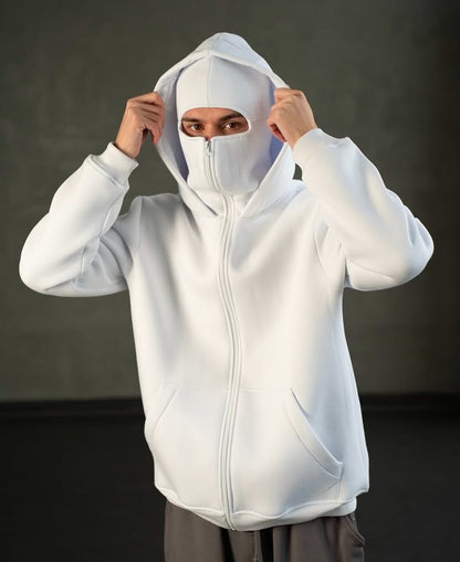dripmozo White Balaclava Hoodie – Streetwear Masked Pullover for Men & Women