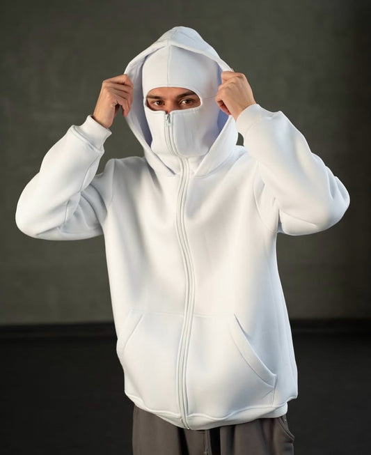 dripmozo White Balaclava Hoodie – Streetwear Masked Pullover for Men & Women
