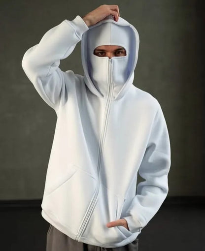 dripmozo White Balaclava Hoodie – Streetwear Masked Pullover for Men & Women