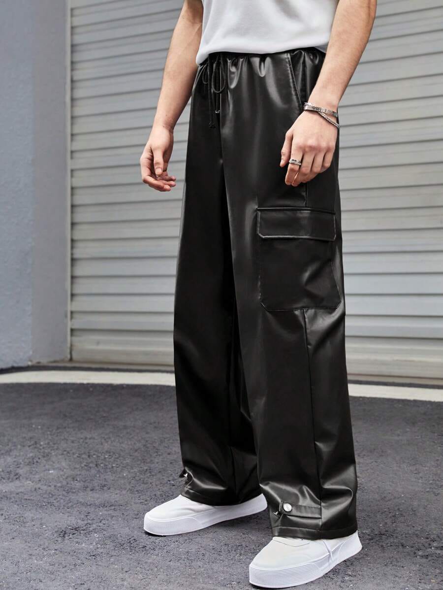 dripmozo Men’s Black Faux Leather Cargo Pants – Streetwear Wide-Leg Trousers