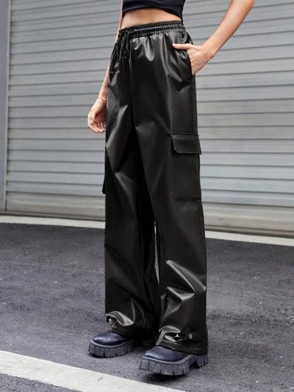 dripmozo Men’s Black Faux Leather Cargo Pants – Streetwear Wide-Leg Trousers