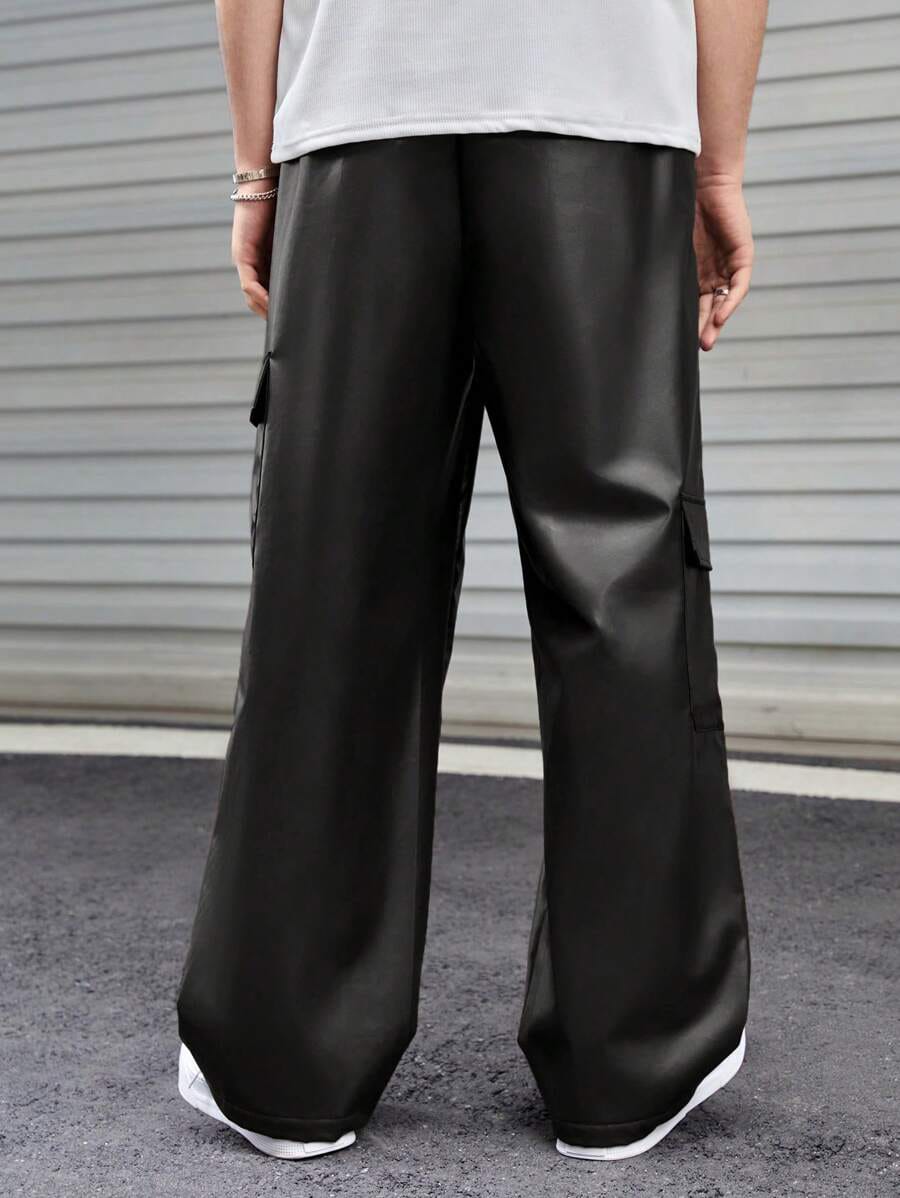 dripmozo Men’s Black Faux Leather Cargo Pants – Streetwear Wide-Leg Trousers