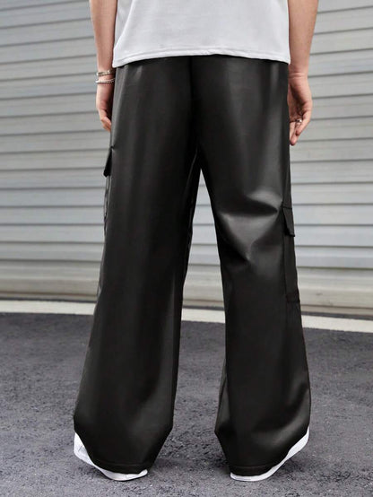 dripmozo Men’s Black Faux Leather Cargo Pants – Streetwear Wide-Leg Trousers