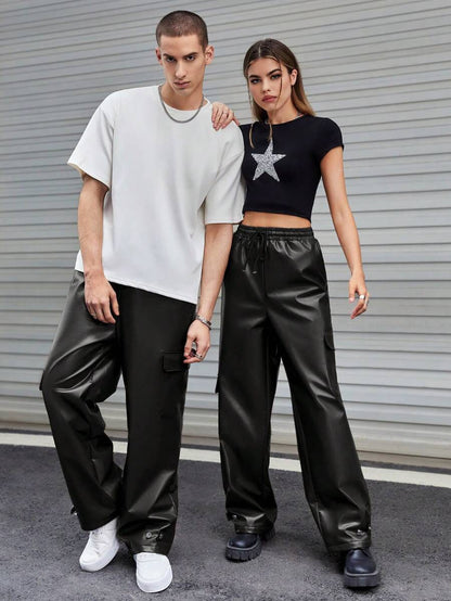 dripmozo Men’s Black Faux Leather Cargo Pants – Streetwear Wide-Leg Trousers