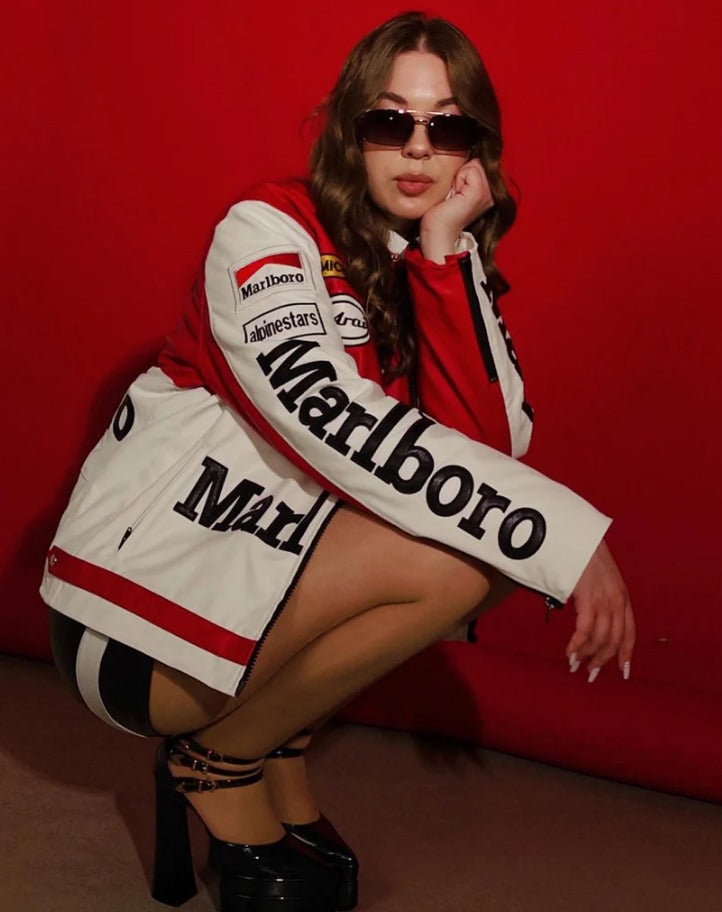 Marlboro Racing Leather Jacket – Red & White Premium Biker Motorcycle Jacket.