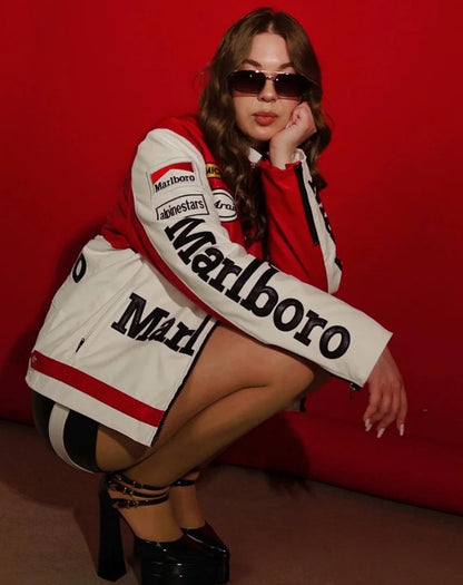 Marlboro Racing Leather Jacket – Red & White Premium Biker Motorcycle Jacket.
