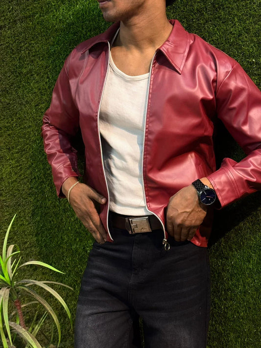 Dripmozo Men’s Premium Maroon Leather Jacket – Modern Fit.