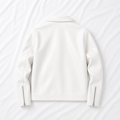 Men's Premium White Genuine Leather Jacket | Minimalist Zip-Up Biker Jacket