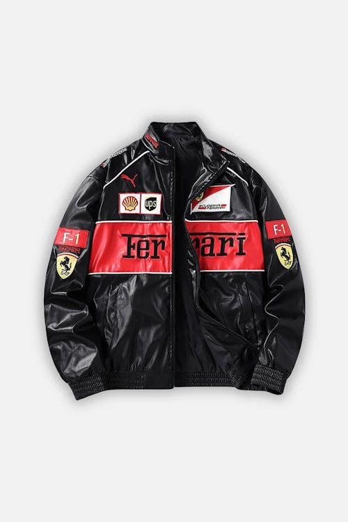 **DripMozo Black Ferrari Inspired Leather Racing Jacket | Premium Motorsport Streetwear**