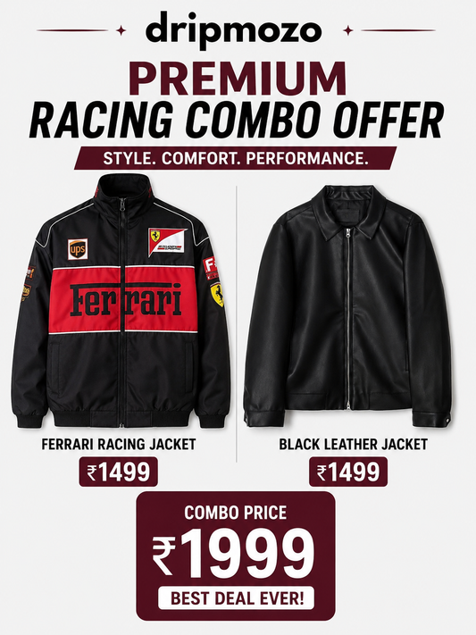 Premium Racing Combo – Ferrari Racing Jacket + Black Leather Jacket | Combo Offer.