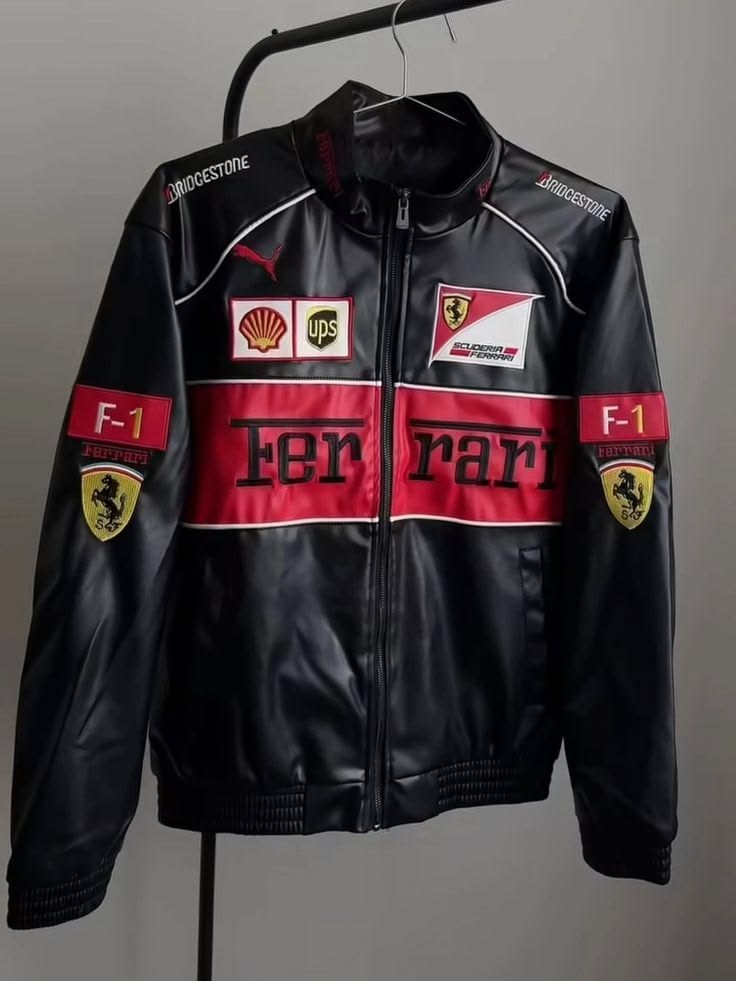 **DripMozo Black Ferrari Inspired Leather Racing Jacket | Premium Motorsport Streetwear**