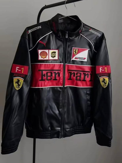 **DripMozo Black Ferrari Inspired Leather Racing Jacket | Premium Motorsport Streetwear**