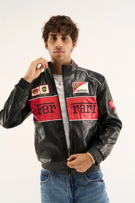 **DripMozo Black Ferrari Inspired Leather Racing Jacket | Premium Motorsport Streetwear**