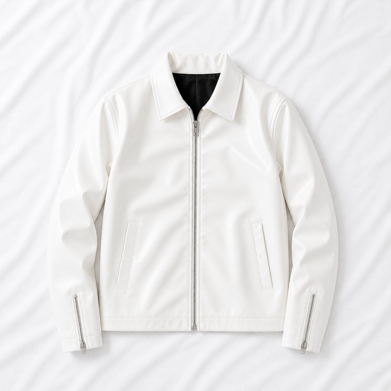 Men's Premium White Genuine Leather Jacket | Minimalist Zip-Up Biker Jacket