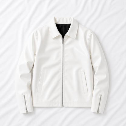 Men's Premium White Genuine Leather Jacket | Minimalist Zip-Up Biker Jacket