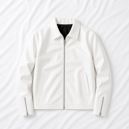 Men's Premium White Genuine Leather Jacket | Minimalist Zip-Up Biker Jacket