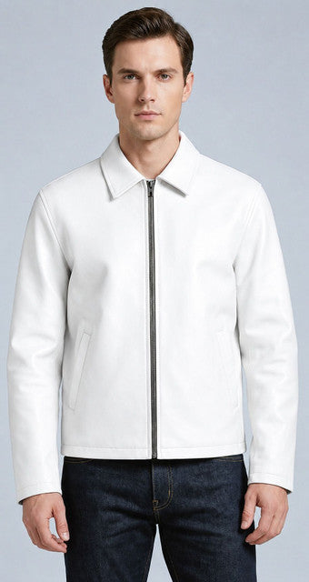 Men's Premium White Genuine Leather Jacket | Minimalist Zip-Up Biker Jacket