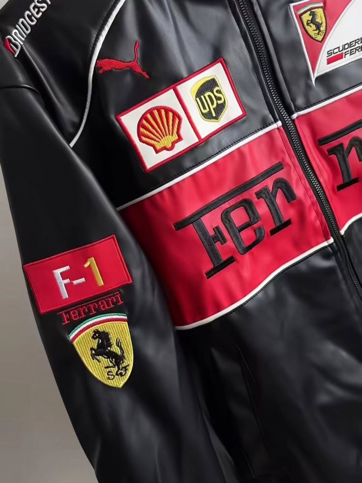 **DripMozo Black Ferrari Inspired Leather Racing Jacket | Premium Motorsport Streetwear**